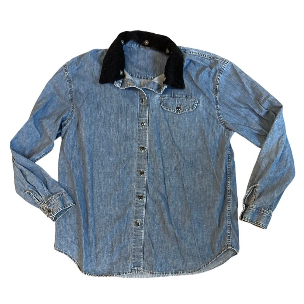 Lizwear Denim Button Front Shirt Womens Medium Blue Jean Shirt Black Cord Collar